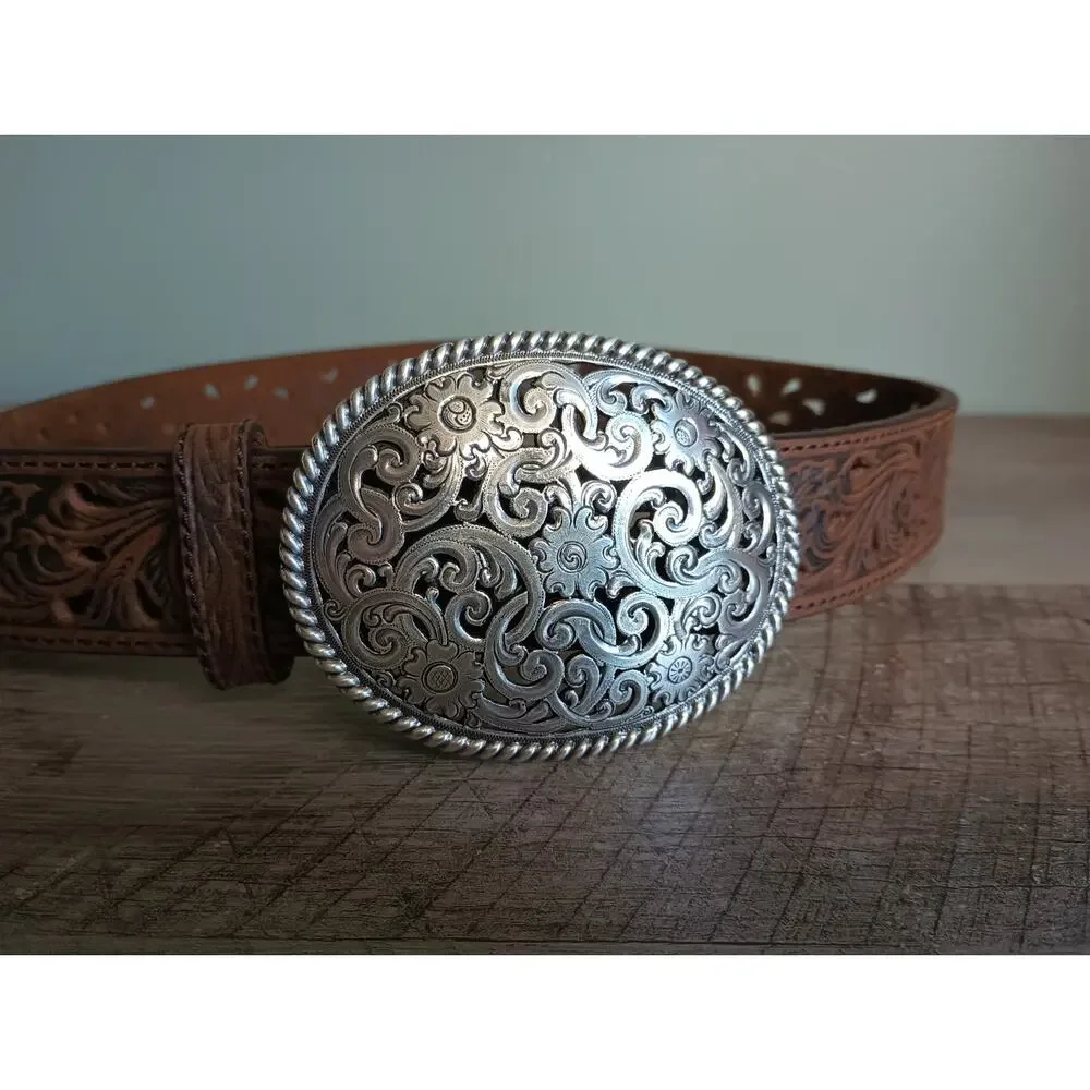 Tony Lama Womens Bark Pierced Filigree Trophy Belt 36 Tooled Leather Western